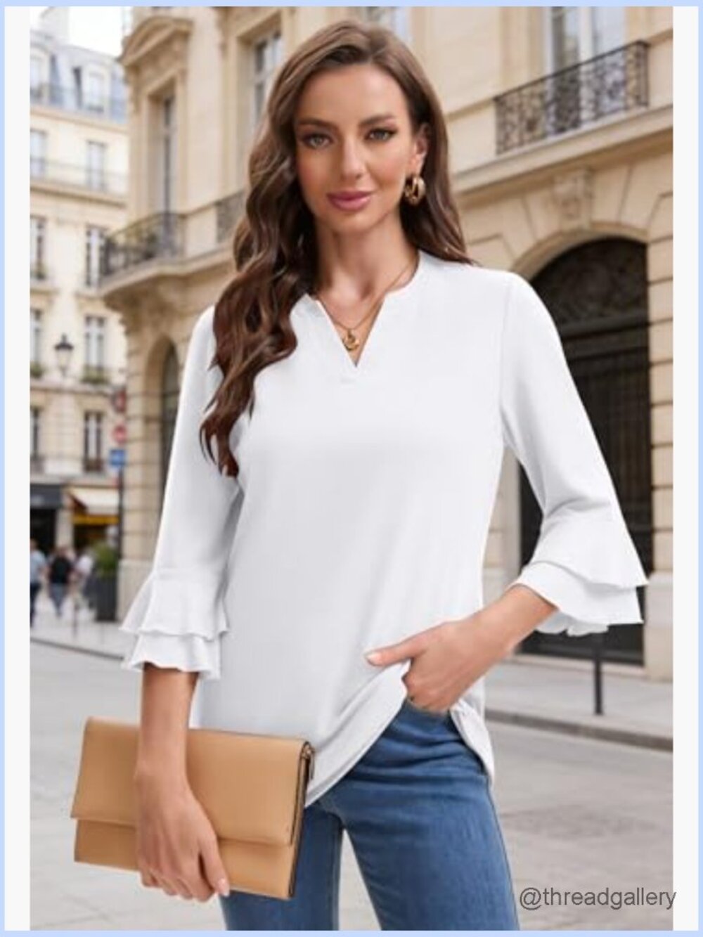 3/4 Bell Sleeve V Neck Tunic Blouse Business Casual Tops - Picture 3 of 7